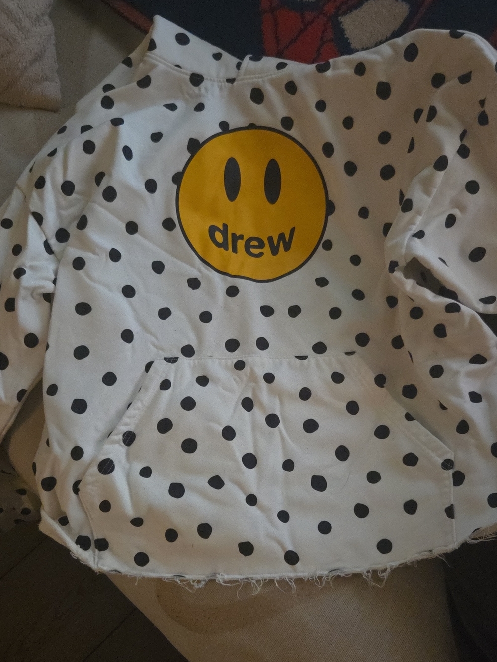 DREW Kids White Polka Dot Hoodie with Yellow Smiley Logo